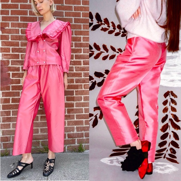 CHELSEA MAK Silk Taffeta High Rise Drawstring Waist Ankle Crop Wide Leg Pants XS - Picture 4 of 7